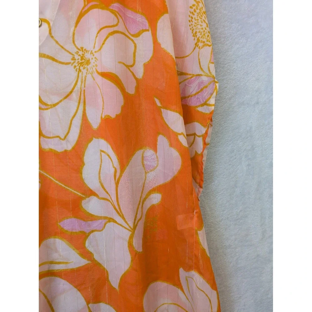 Club Z‎ Collection Kaftan Women's Medium Orange Floral Metallic Grommet V-Neck